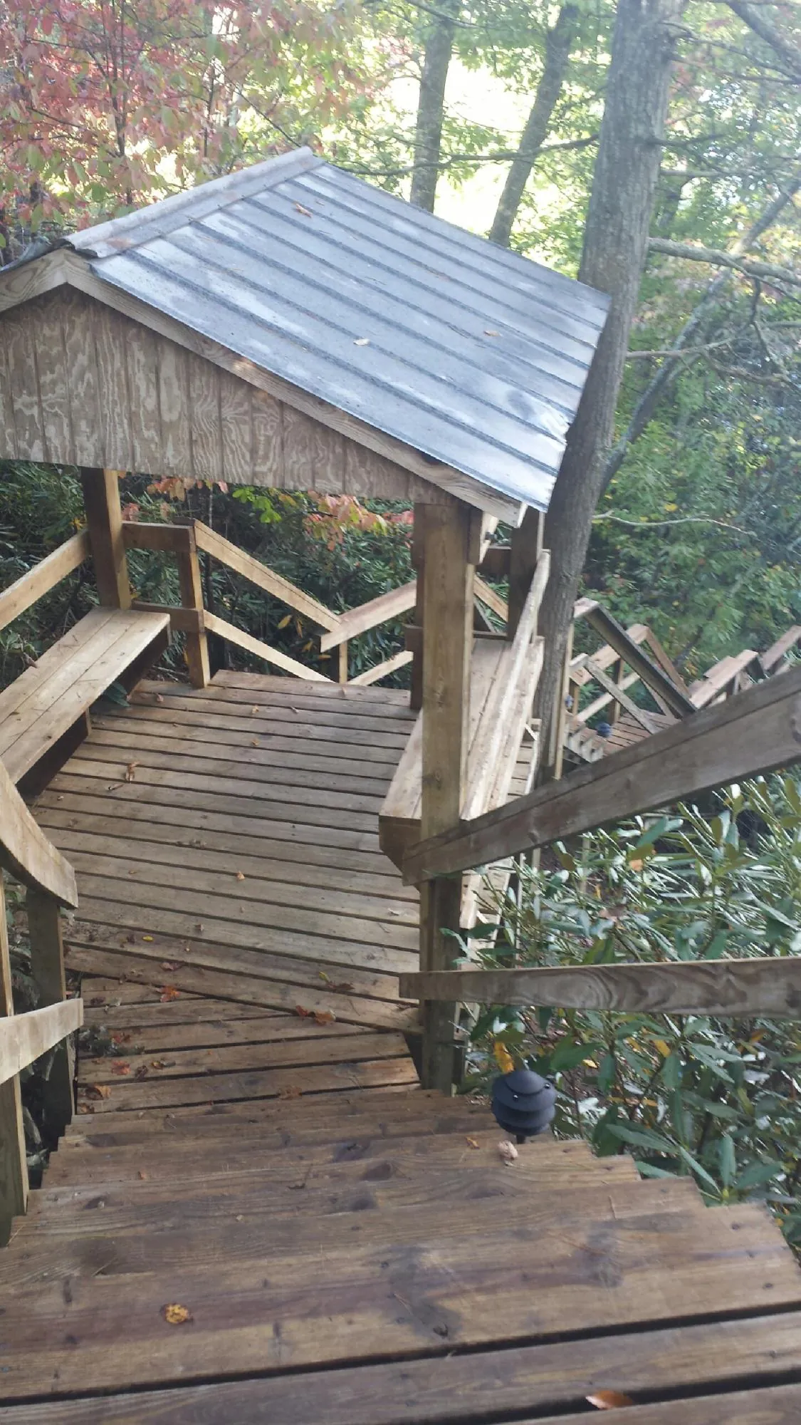 Metal roofed shelter over wooden steps on a wooded walkway — Skylight Repair & Installation work by our crew in Curtis